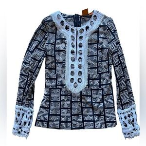 Tory Burch Navy and White Geometric Lace-Trim Blouse